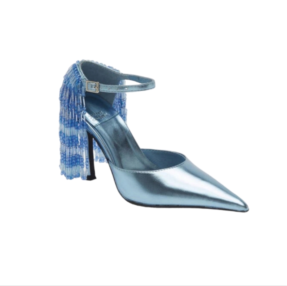 JEFFREY CAMPBELL Show Stop Light Blue Metallic Beaded Fringe Leather Pumps